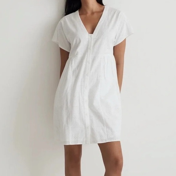 Madewell Button Front V-Neck Mini Dress White - Picture 1 of 7